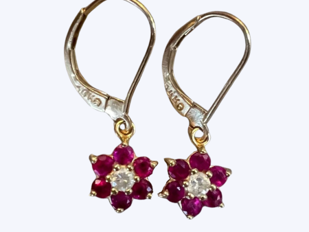 Vintage Ruby and Diamond Flower Dangle Earrings Hot on Sale