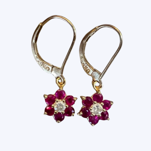 Vintage Ruby and Diamond Flower Dangle Earrings Hot on Sale