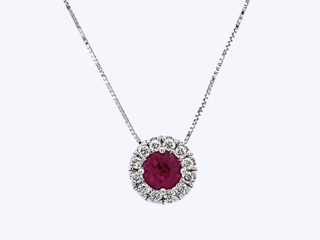 Ruby with Diamond Halo Pendant Necklace For Cheap